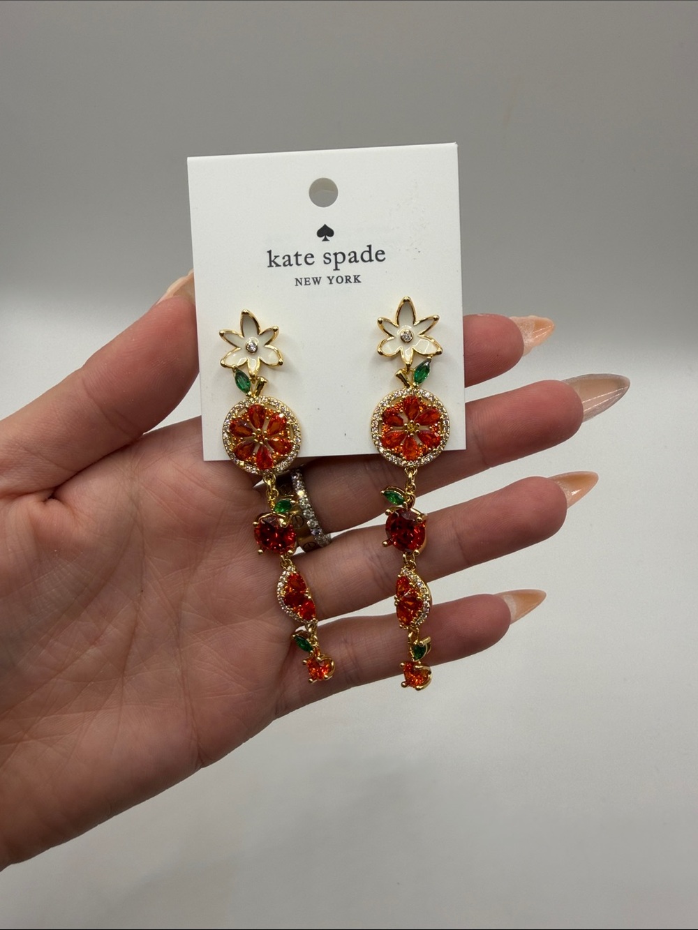 082. Kate Spade Crystal Fruit Earrings 3”.